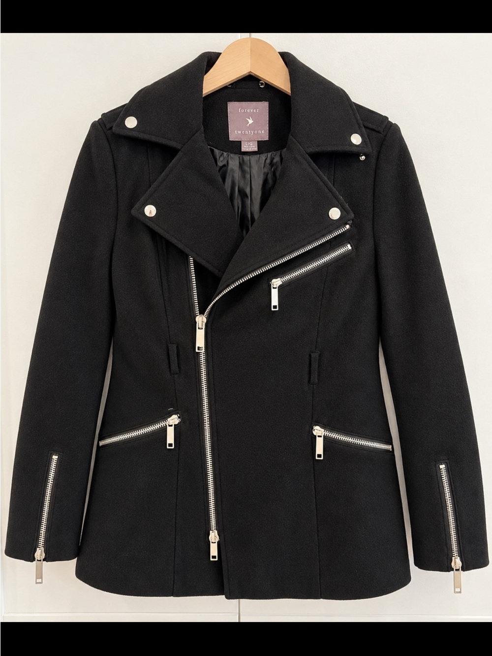 Forever 21 Black Wool-Blend Moto Coat- size Large